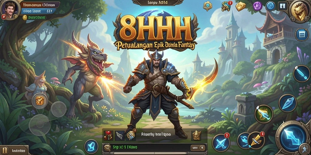 Screenshot gameplay 8HHH menampilkan aksi seru di dunia fantastis.