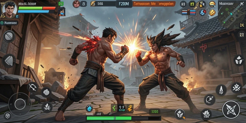 Screenshot utama F200M menampilkan aksi pertarungan yang mendebarkan.