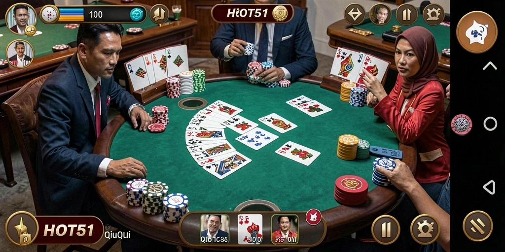 Screenshot gameplay HOT51 menampilkan suasana permainan QiuQiu yang seru.
