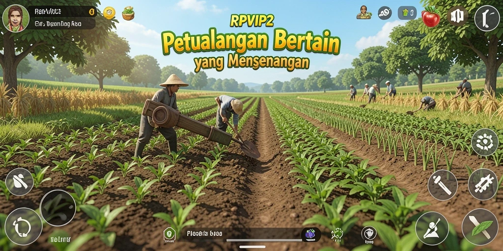 Tangkapan layar gameplay RPVIP2 menunjukkan kebun yang subur dan berwarna-warni.
